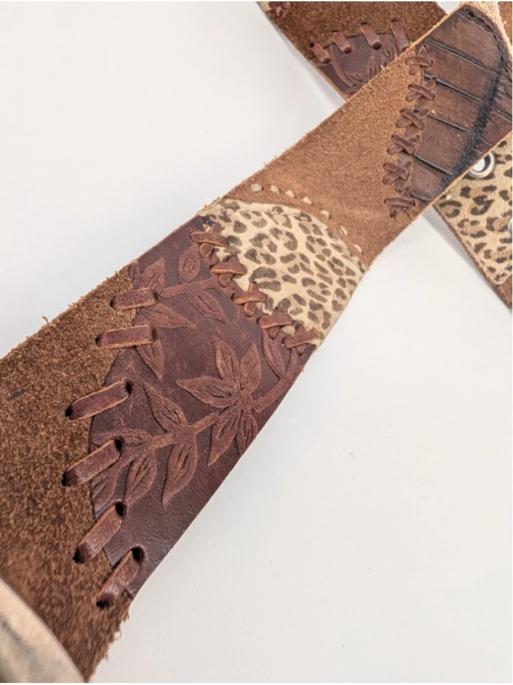 Fossil Leather Patchwork Belt M Brown Tooled Leopard Whipstitch Boho Western